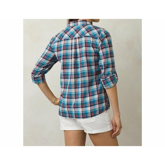 New Womens NWT M Blue White Red Pink PrAna Top Plaid Organic Casual Gina Roll - Picture 2 of 9